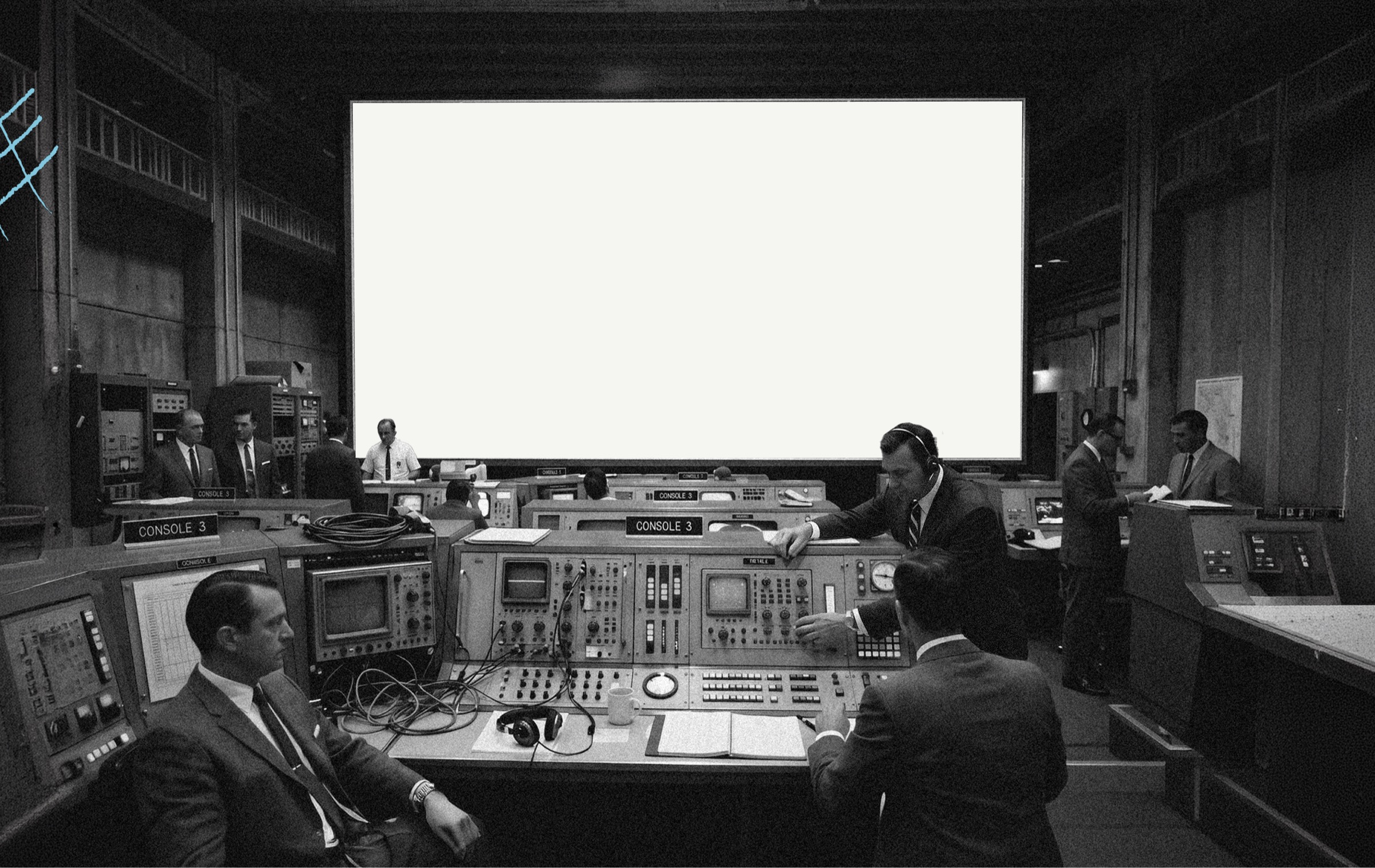 Vintage mission control room with operators monitoring a large central screen
