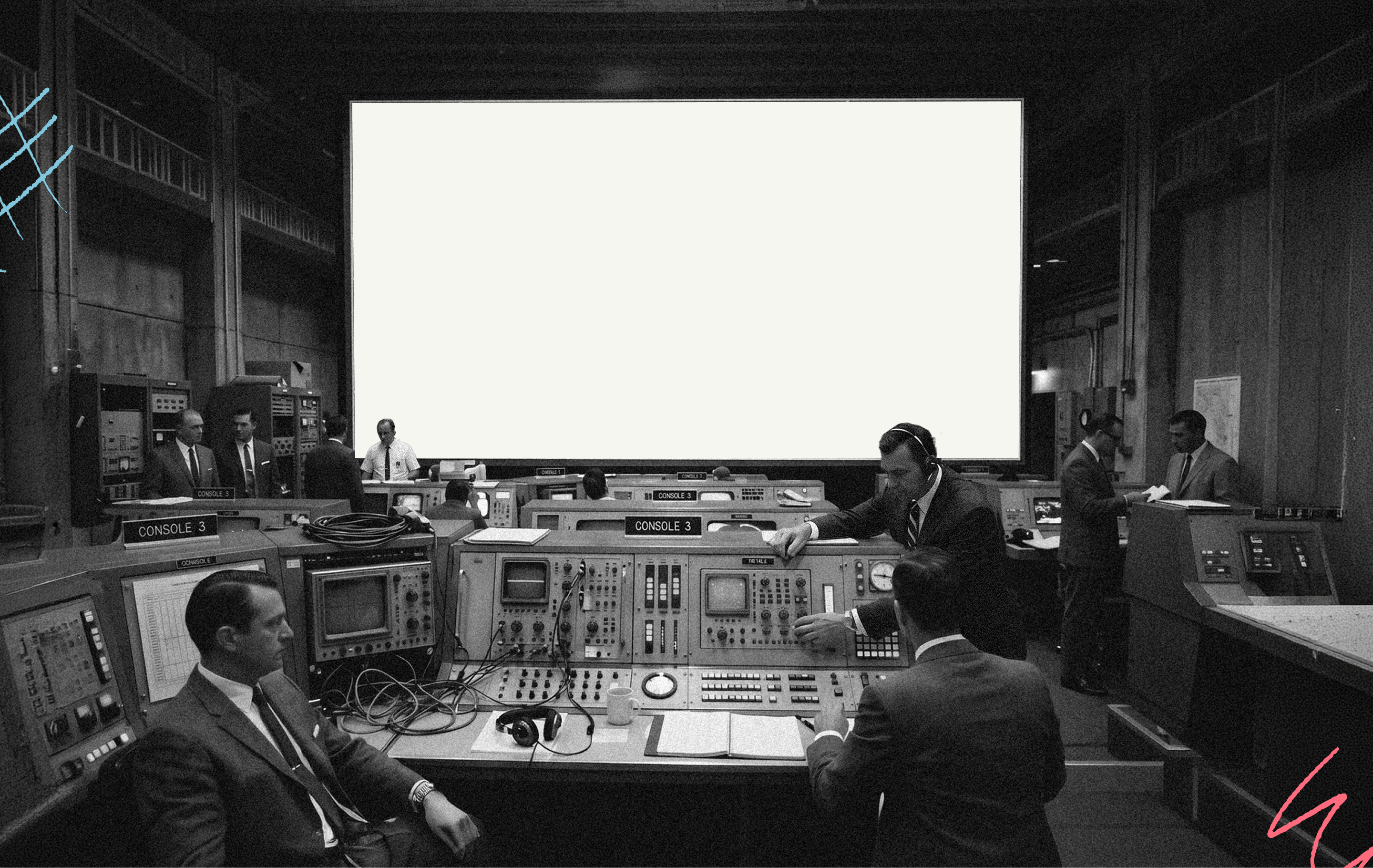 Vintage mission control room with operators monitoring a large central screen