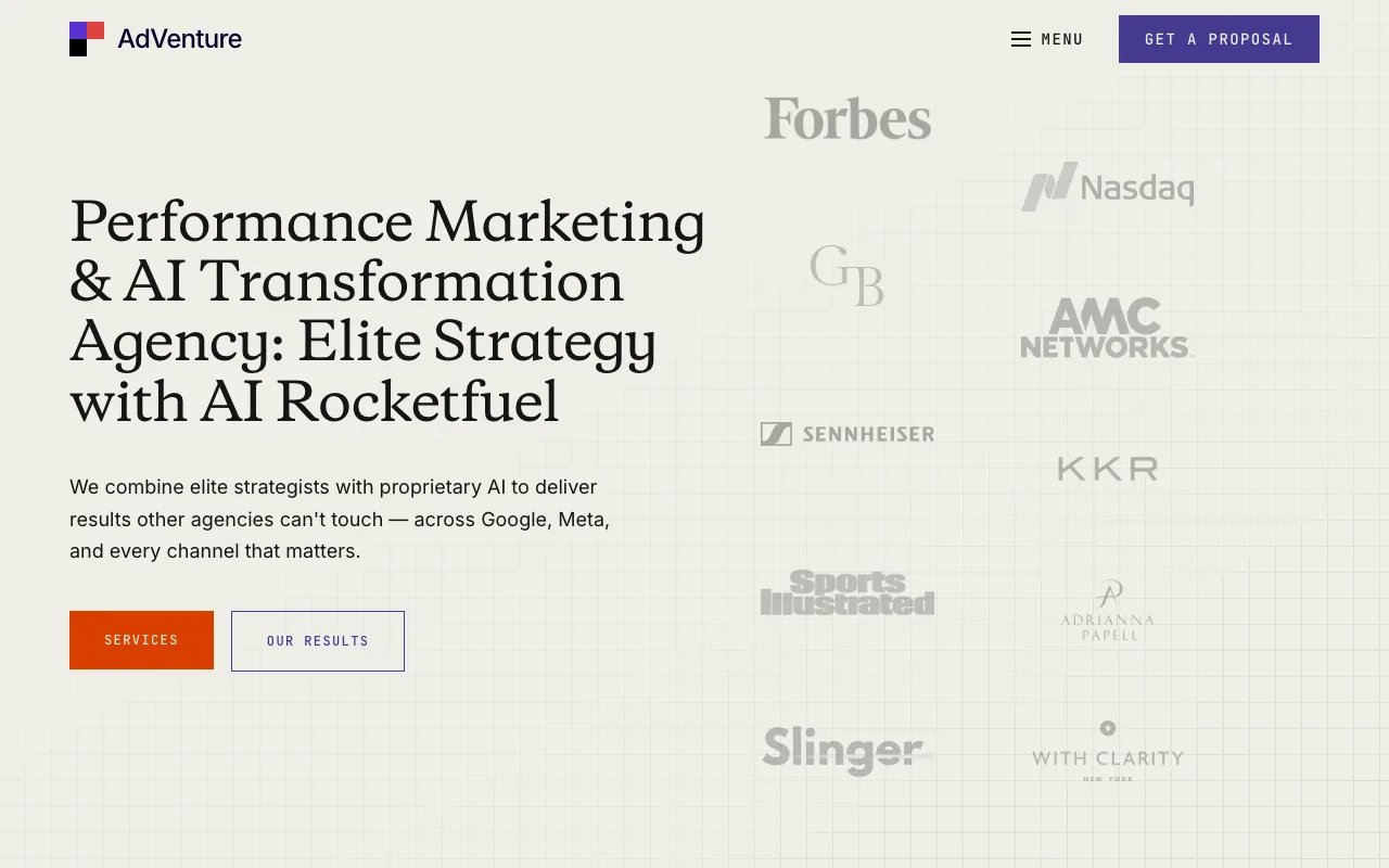 AdVenture Media homepage screenshot — B2B marketing agency
