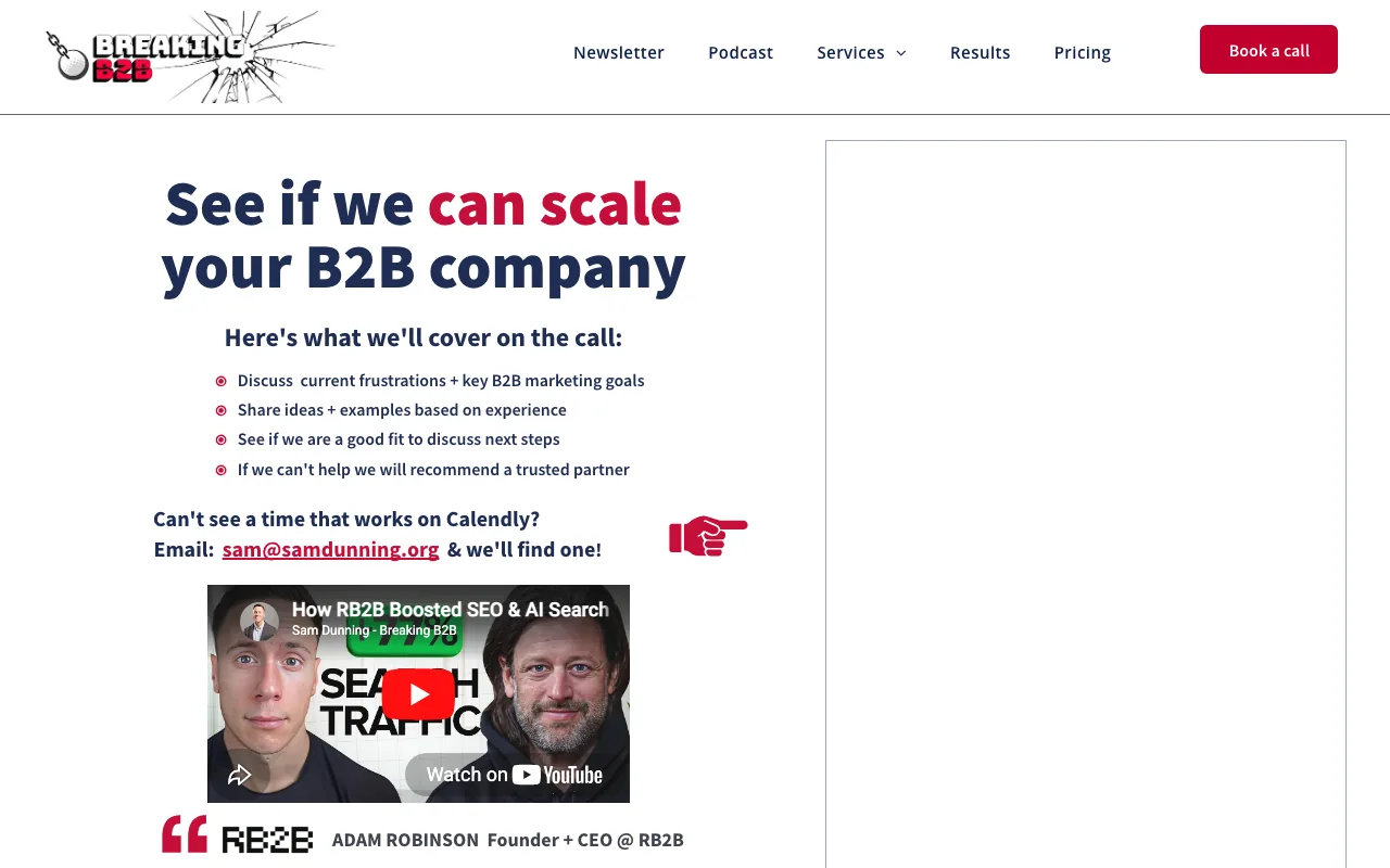 Breaking B2B contact screenshot — get in touch / book a call captured May 2026