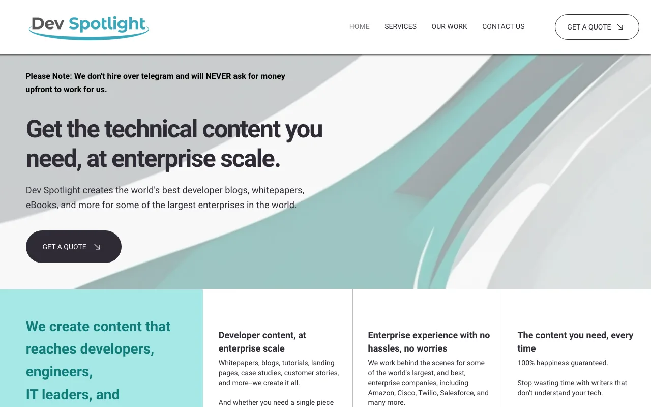 Dev Spotlight homepage screenshot — B2B marketing agency