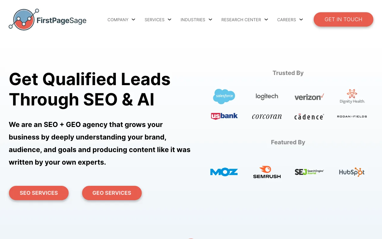 First Page Sage homepage screenshot — main site landing page captured May 2026