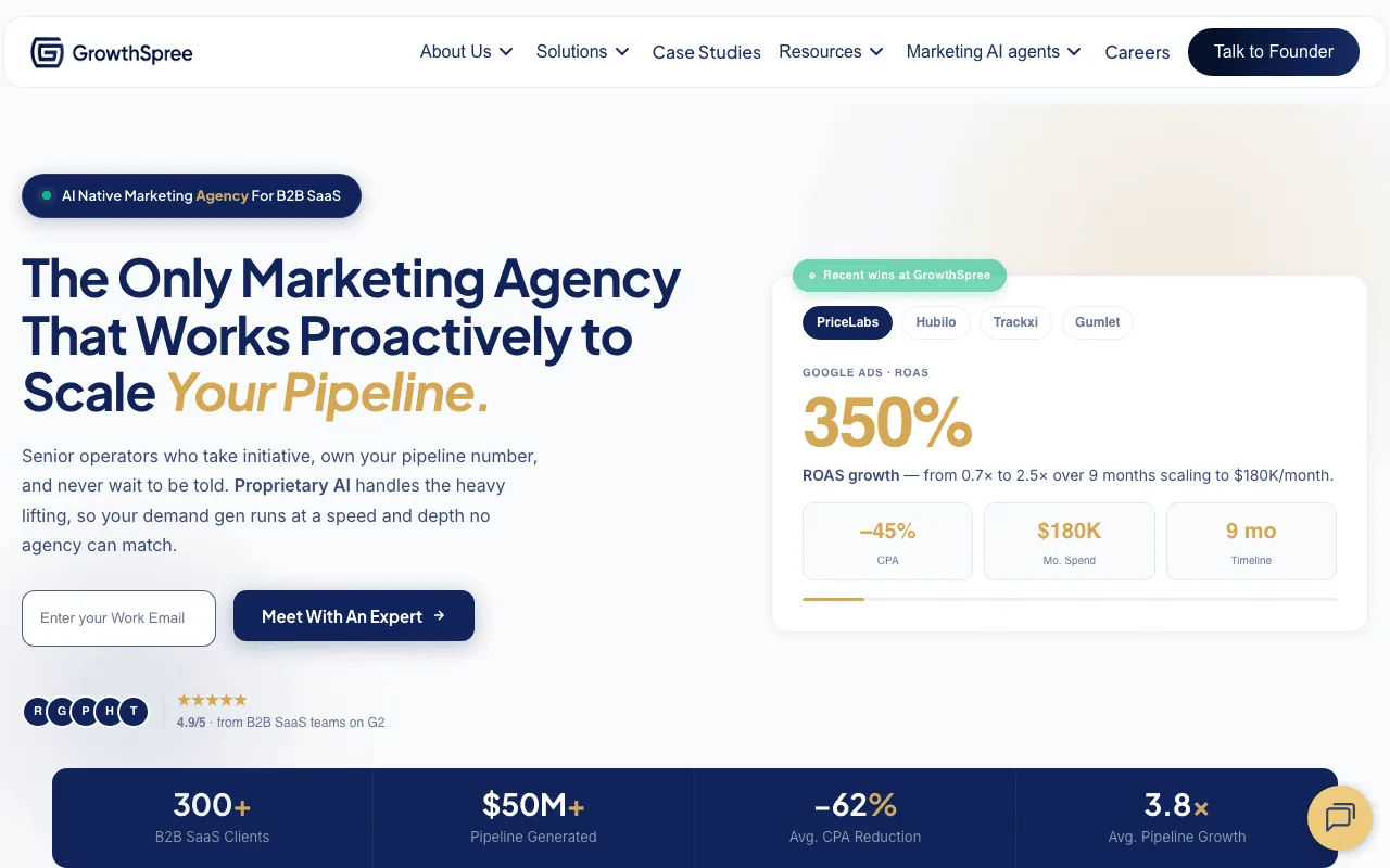 GrowthSpree homepage screenshot — B2B marketing agency