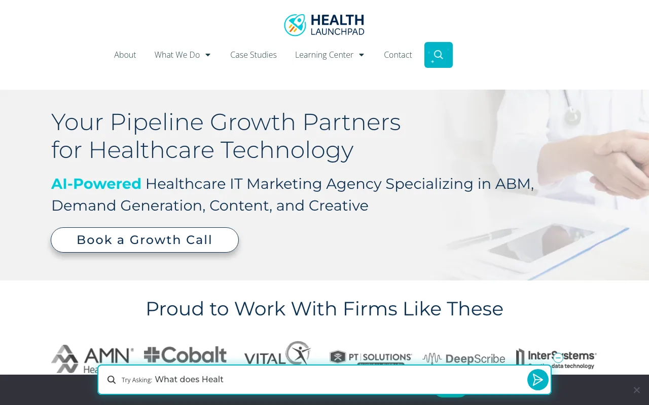 HealthLaunchpad homepage screenshot — B2B marketing agency