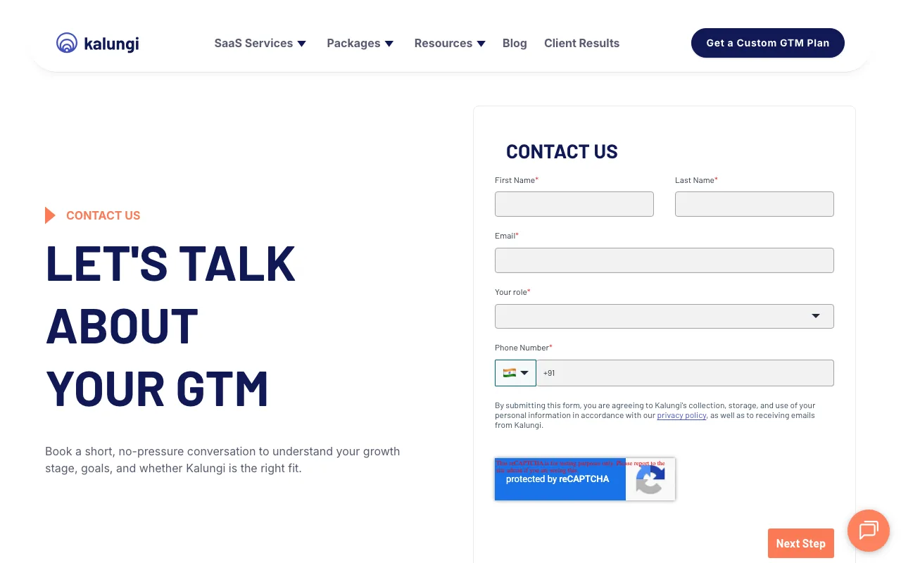 Kalungi contact screenshot — get in touch / book a call captured May 2026