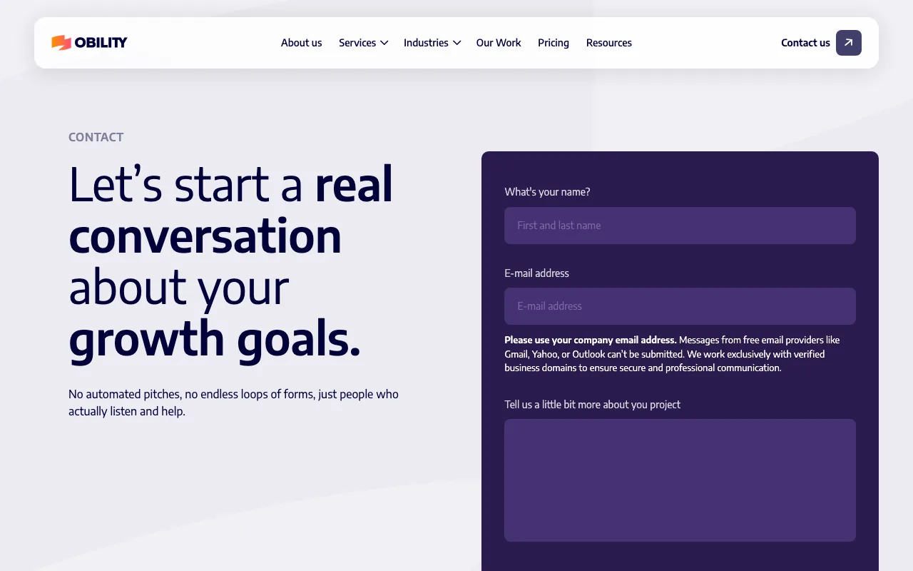 Obility contact screenshot — get in touch / book a call captured May 2026