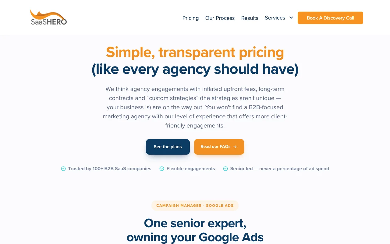 SaaS Hero pricing screenshot — service packages and plans captured May 2026