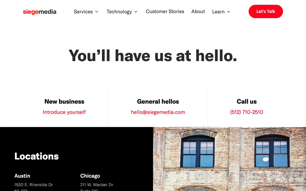 Siege Media contact screenshot — get in touch / book a call captured May 2026
