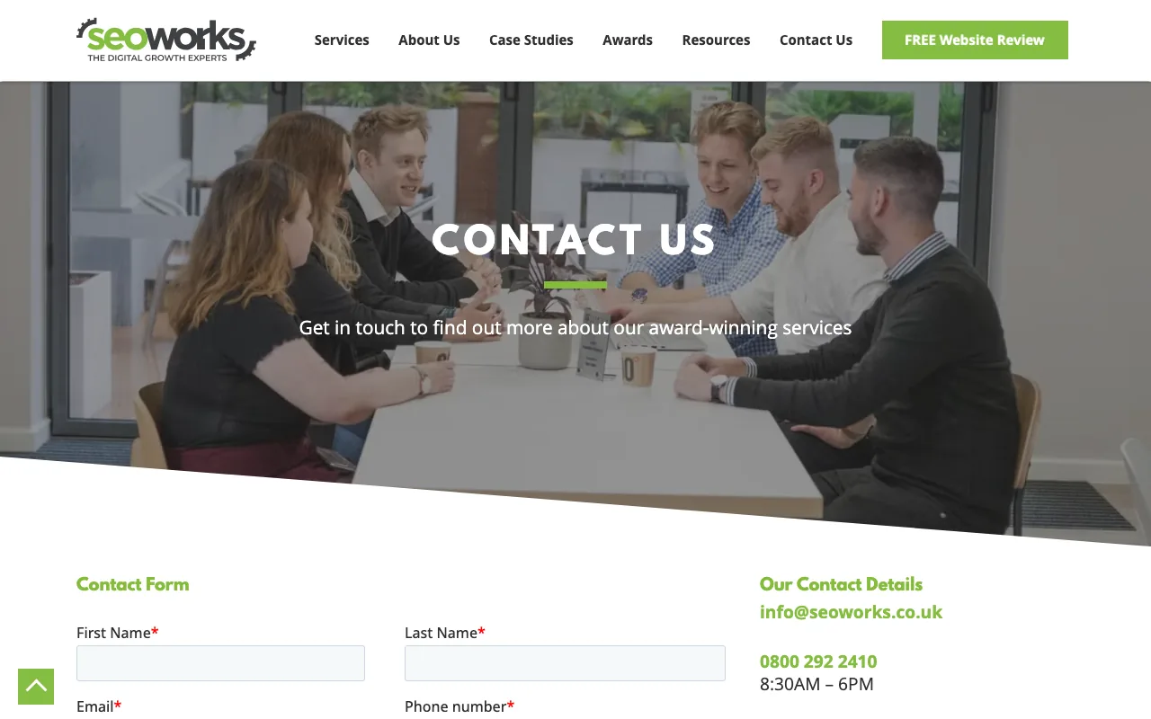 The SEO Works contact screenshot — get in touch / book a call captured May 2026