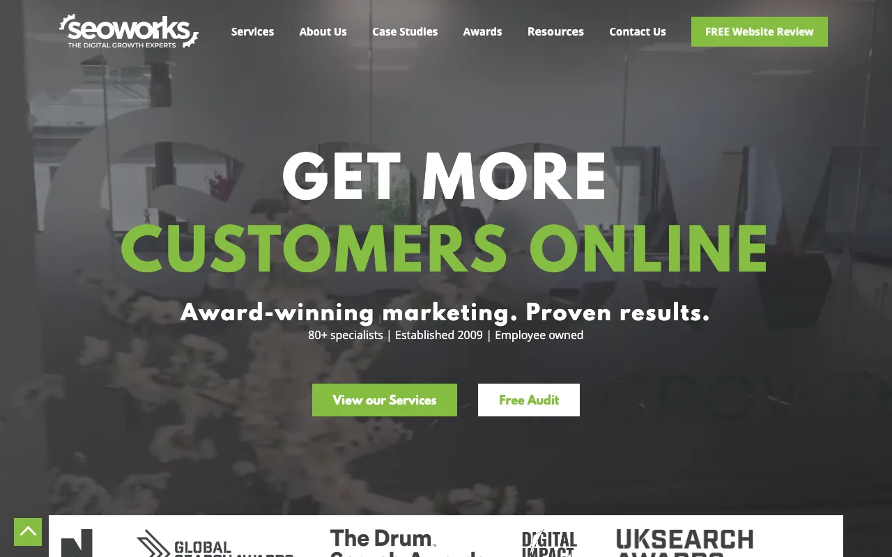 The SEO Works homepage screenshot — main site landing page captured May 2026