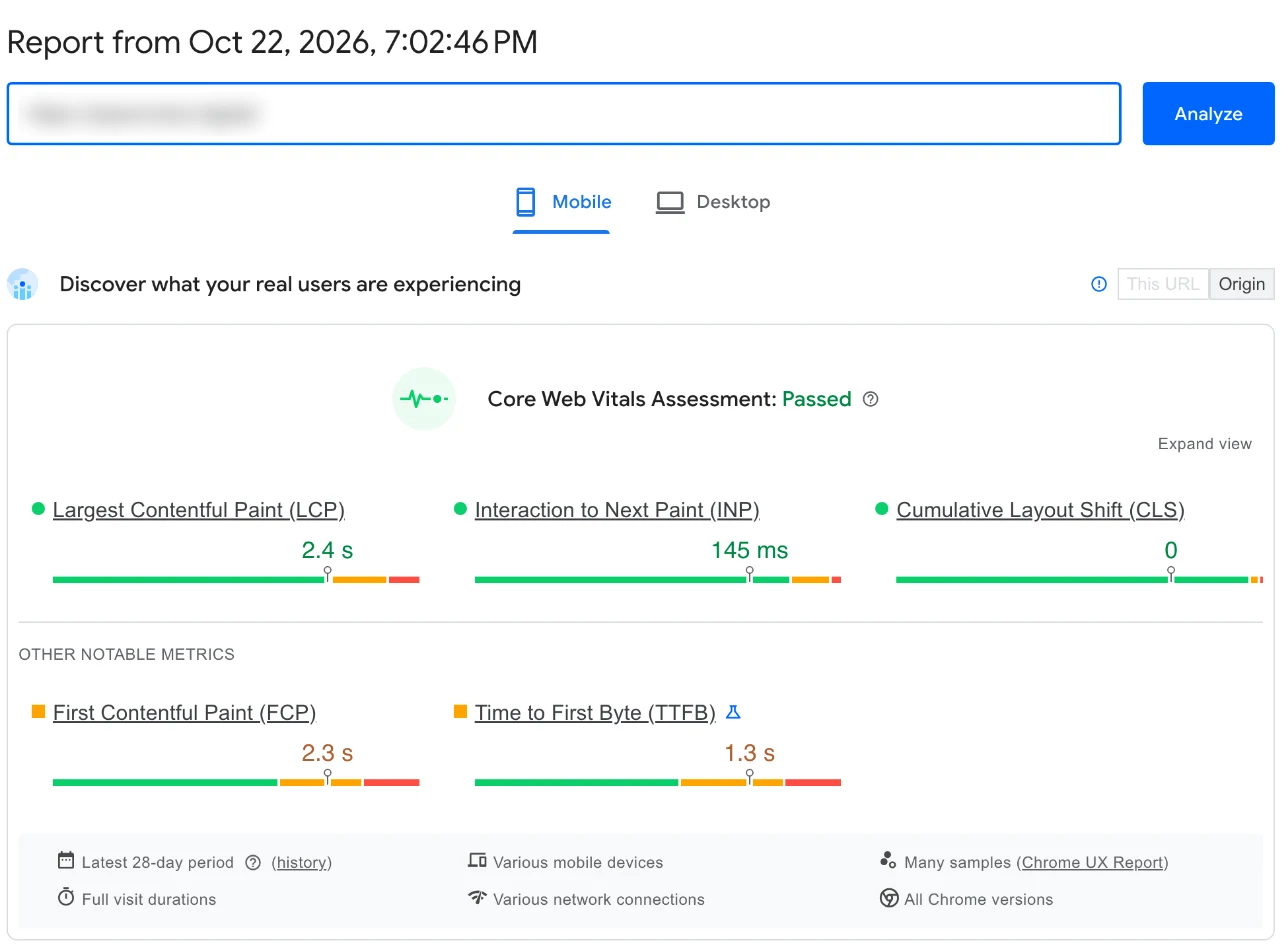 PageSpeed Insights report showing a passed Core Web Vitals assessment with LCP 2.4 s, INP 145 ms and CLS 0