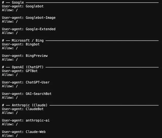 A robots.txt file that allows Googlebot, Google-Extended, Bingbot, GPTBot, ChatGPT-User, OAI-SearchBot and ClaudeBot