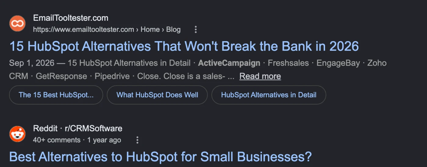Google results for “hubspot alternatives” with alternatives roundups and a Reddit thread ranking