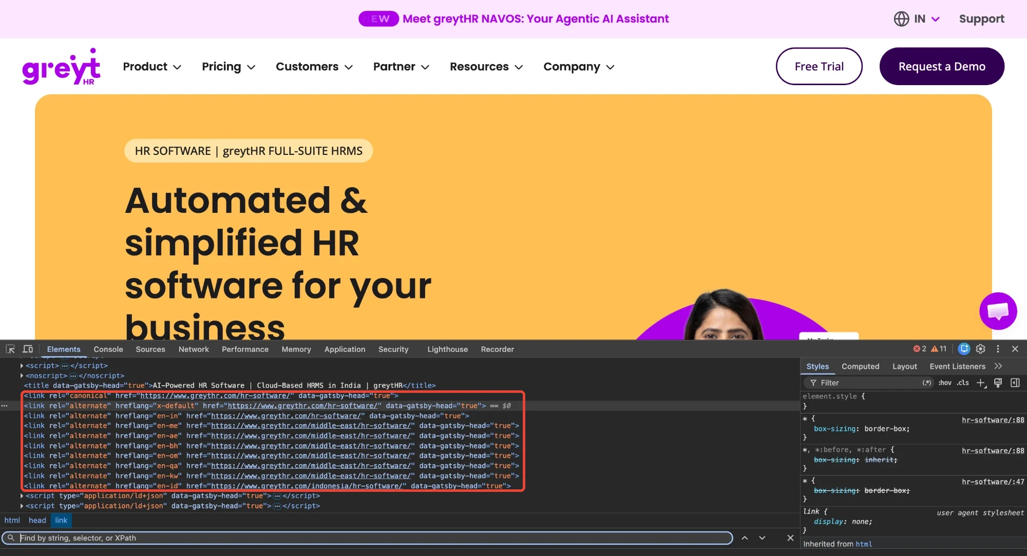 Chrome DevTools on greytHR’s HR software page, showing a self-referencing canonical and hreflang tags for x-default, India, several Middle East countries and Indonesia