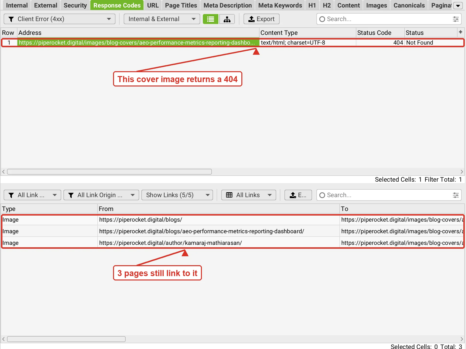 Screaming Frog Response Codes tab filtered to Client Error (4xx), showing a blog cover image that returns a 404, with the Inlinks tab listing the three pages that still link to it