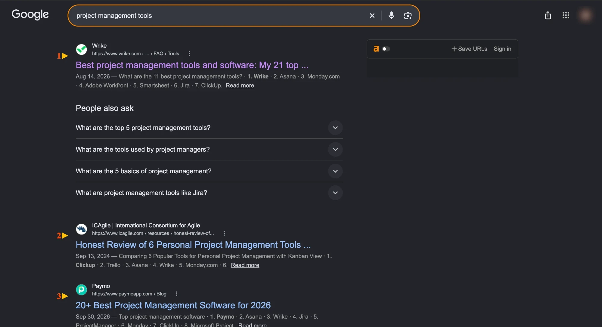 Google results for “project management tools” with Wrike’s guide to the best project management tools ranking first