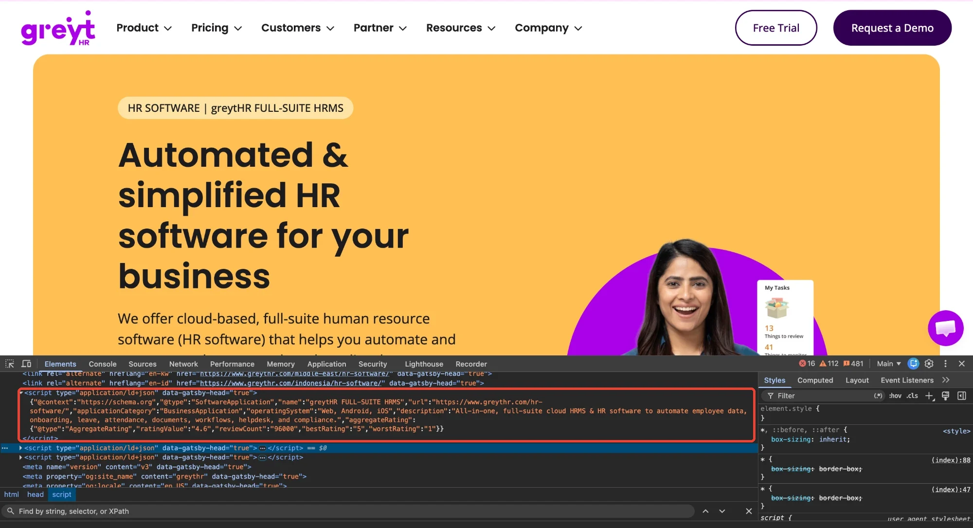 Chrome DevTools on greytHR’s HR software page, showing SoftwareApplication JSON-LD with the product name, applicationCategory, operatingSystem and an AggregateRating