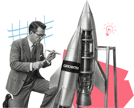 Engineer fine-tuning a rocket labeled GROWTH