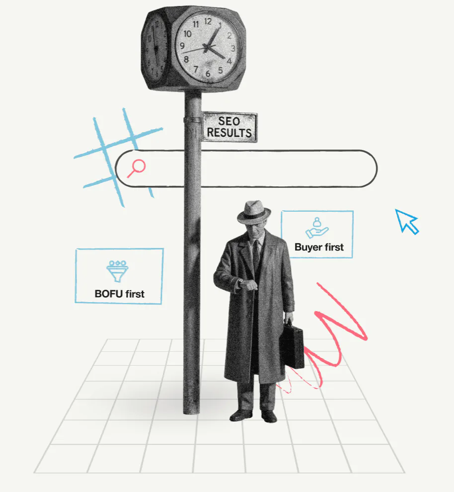Vintage figure under an SEO Results street clock — Proptech context