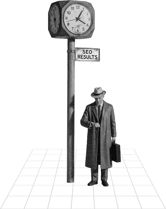 Vintage figure under an SEO Results street clock — fintech context
