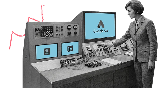 Operator at a multi-screen control panel running SEO, LinkedIn and Google Ads