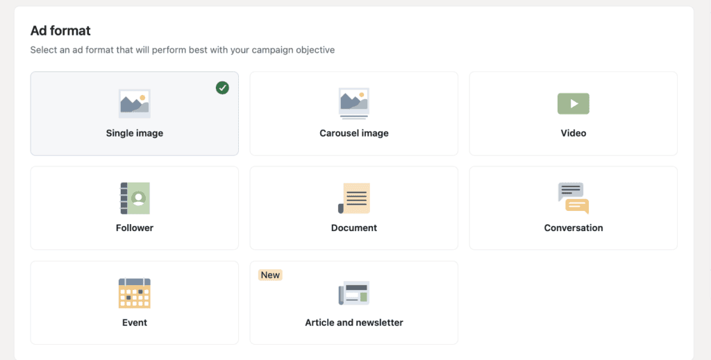 Screenshot of the LinkedIn “Ad Format” options