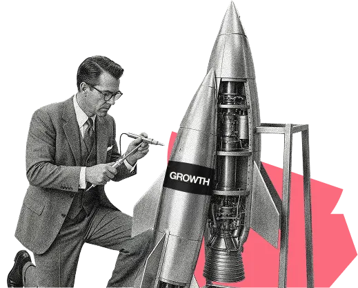Engineer fine-tuning a rocket labeled GROWTH