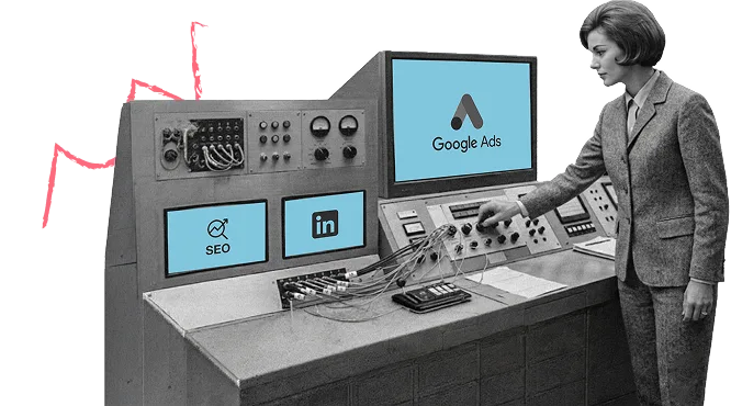 Operator at a multi-screen control panel running SEO, LinkedIn and Google Ads