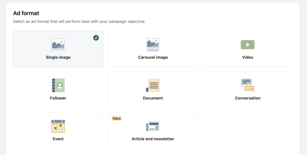 Screenshot of the LinkedIn "Ad Format" options