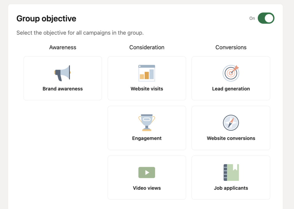 Screenshot of the LinkedIn "Group Objective" options